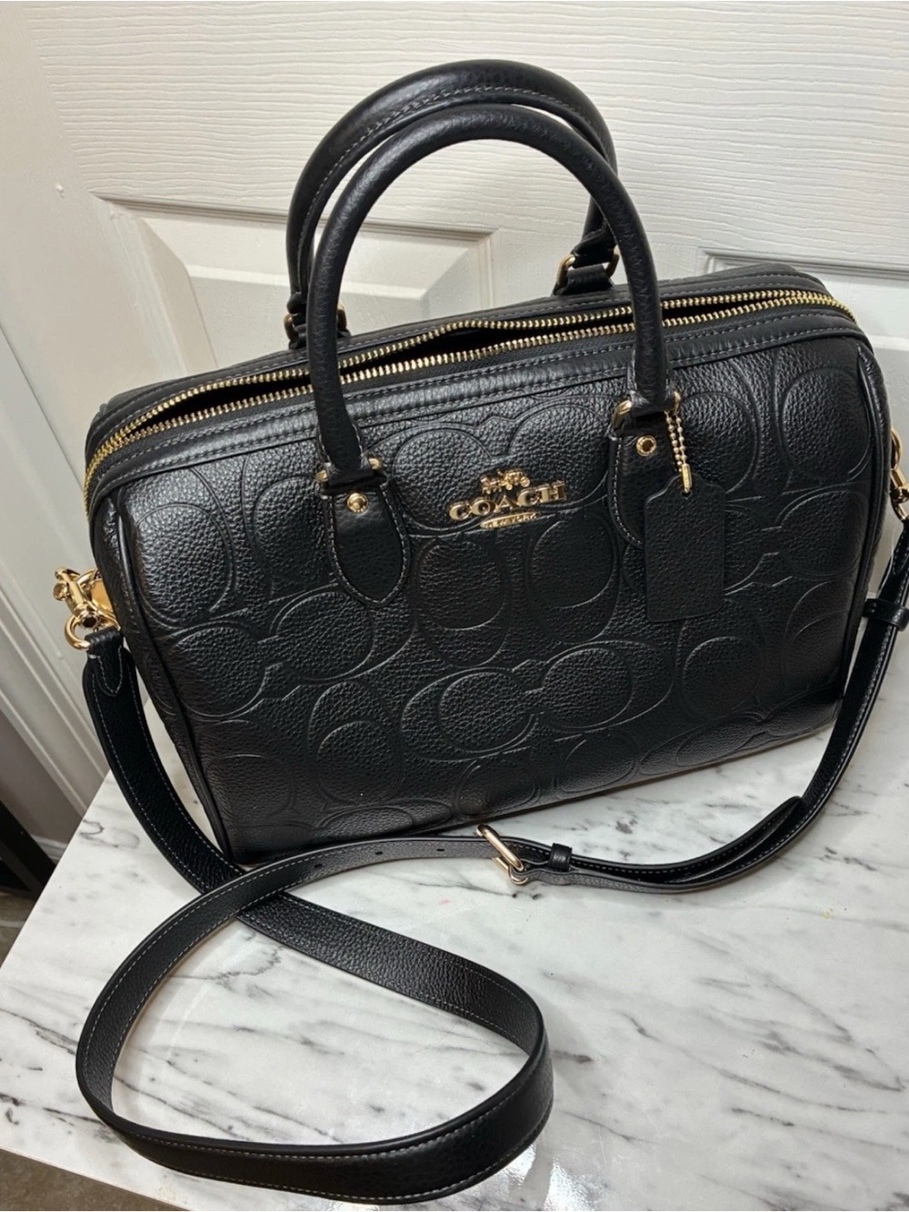 Coach Black Embossed Leather Bowling Bag with Gold Hardware